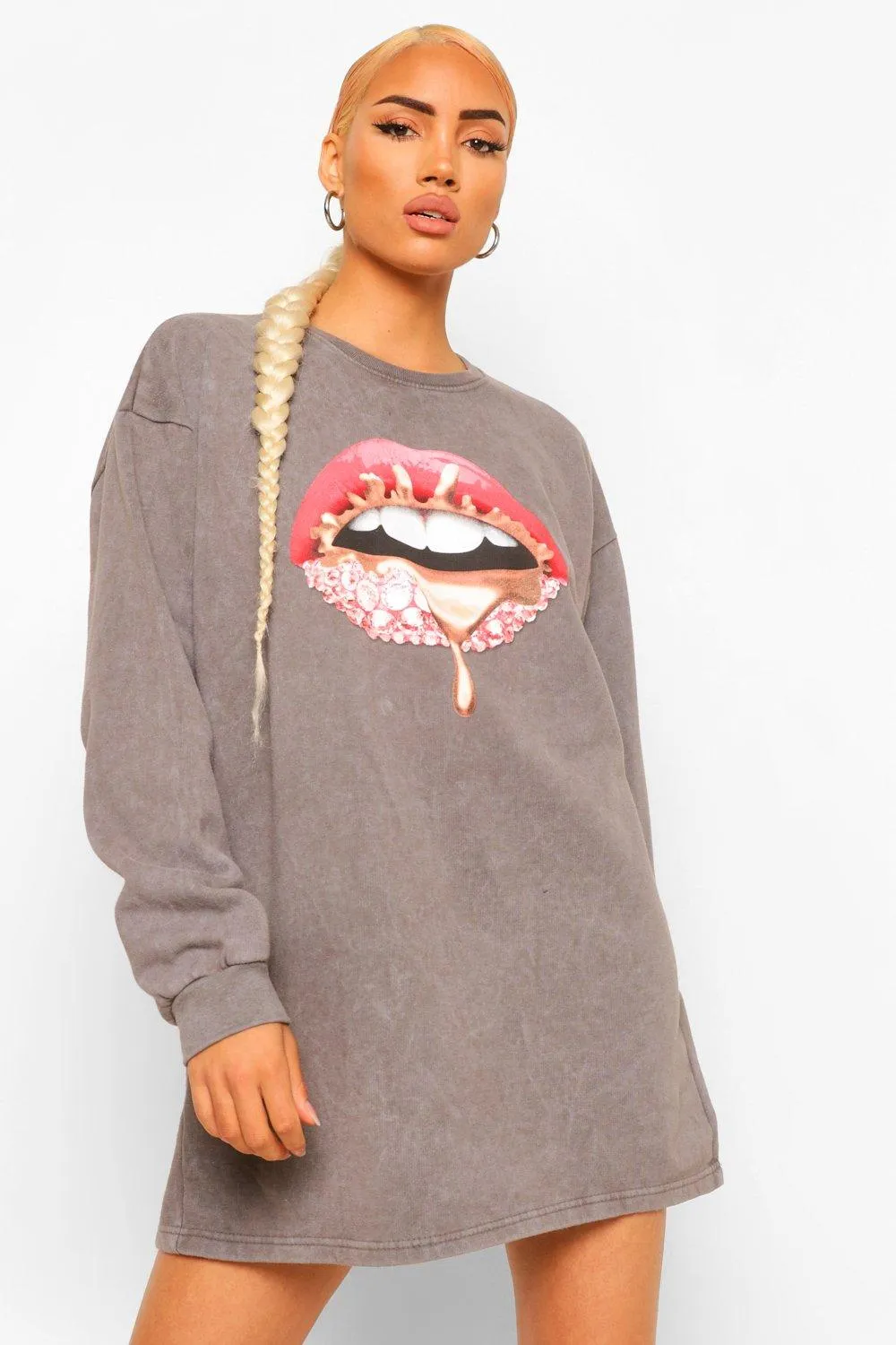 Acid Wash Lip Print Sweater Dress