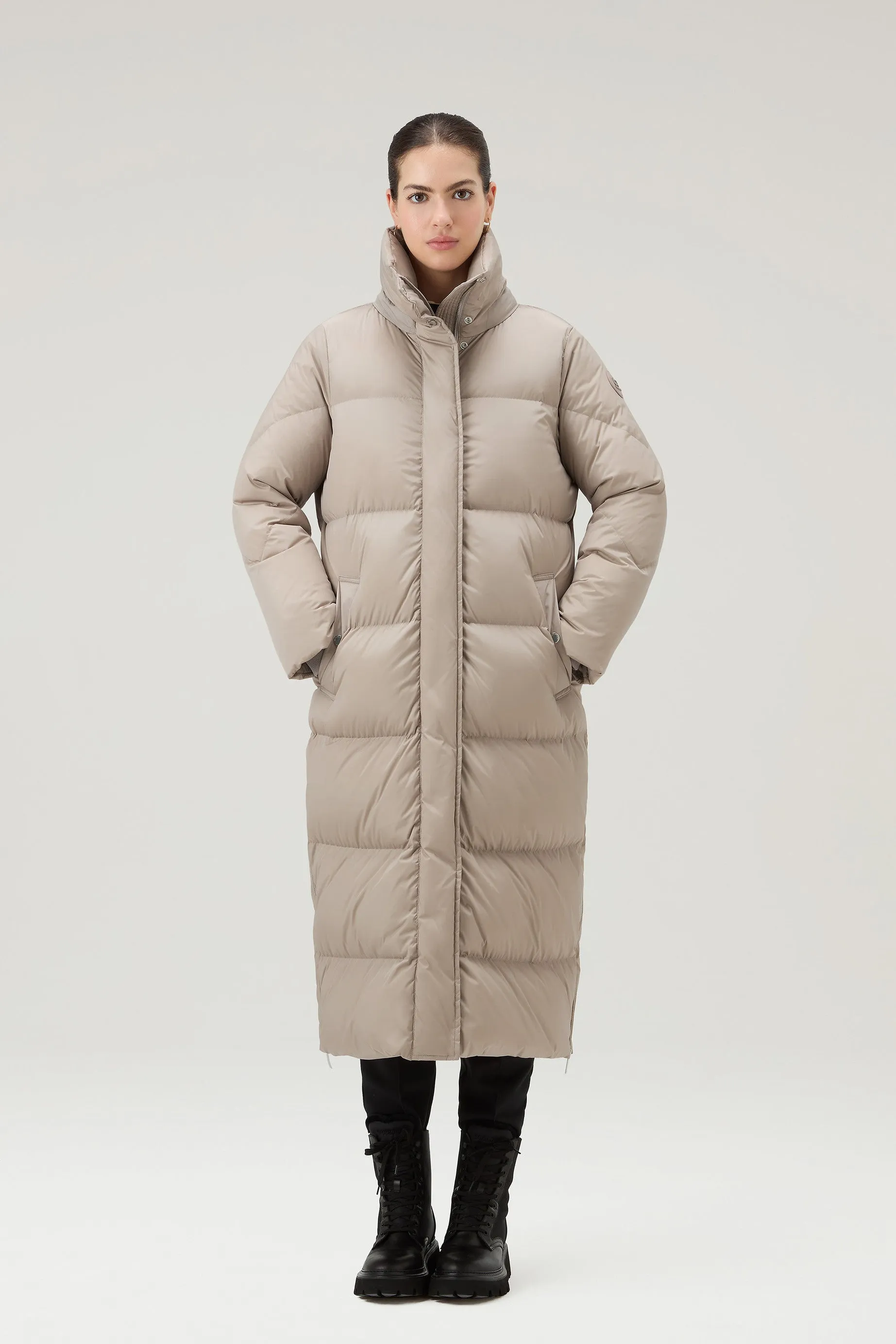 Aurora Long Parka in Stretch Nylon Light Taupe