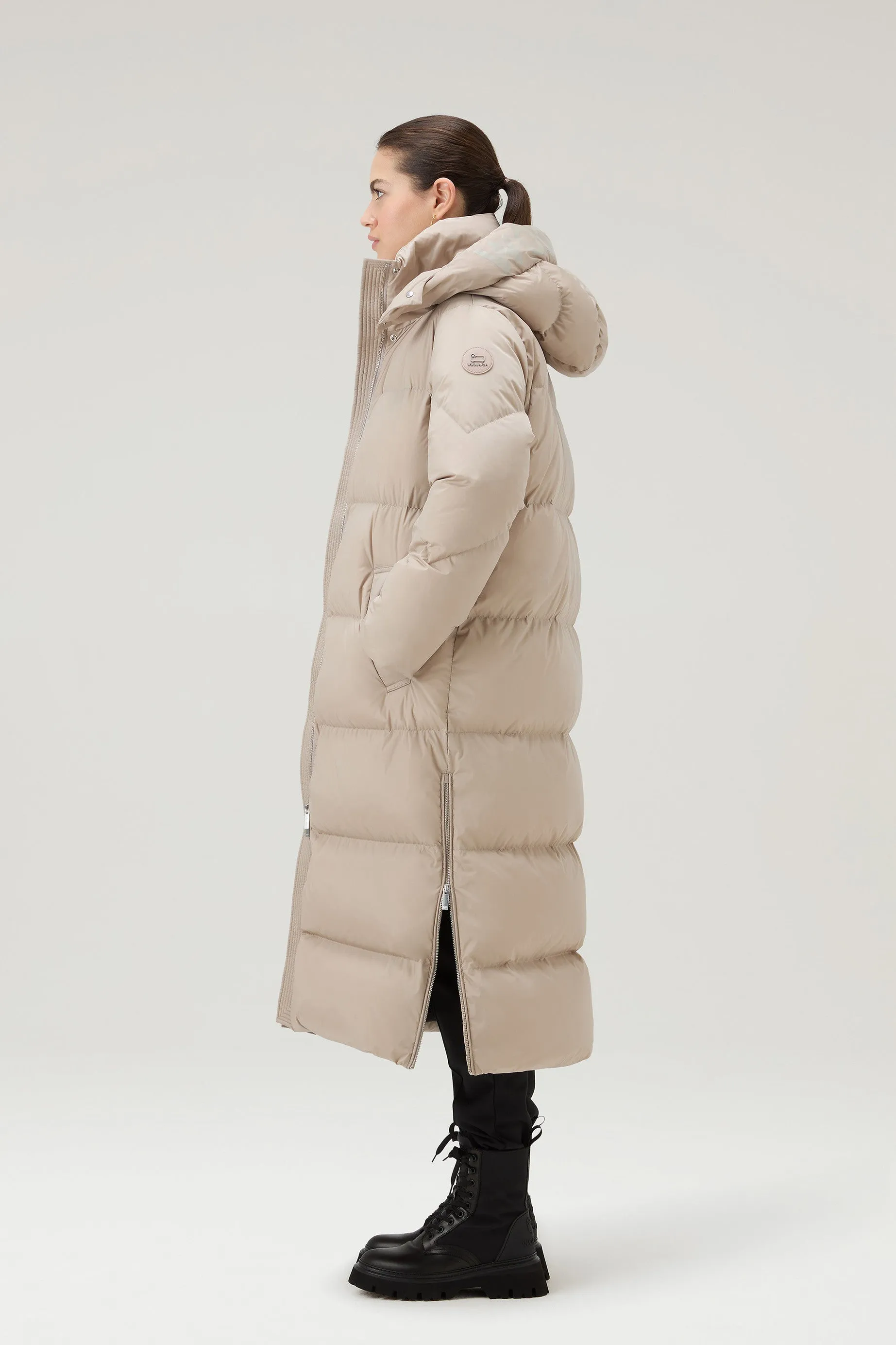 Aurora Long Parka in Stretch Nylon Light Taupe