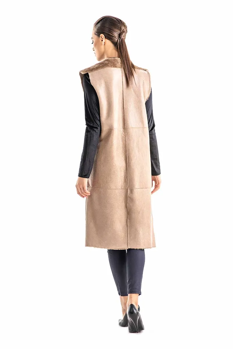 Beige Double Face Geniune Nappa Lamb Leather Mouton Long Fur Vest