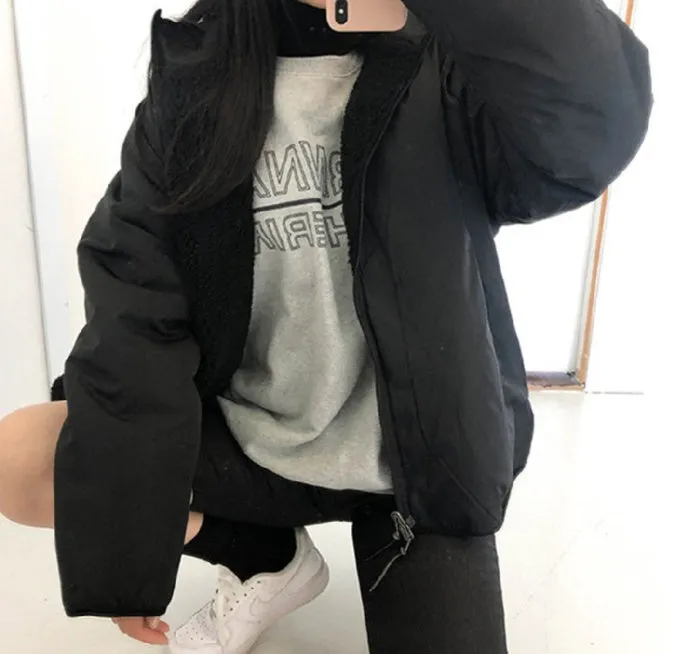 Black White Reversible Cute Shearling Jackets Womens Girls Korean Style Outerwear Winter Fleece Warm Loose Fit