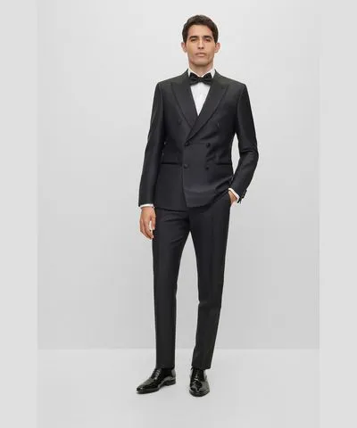 Boss Slim-fit tuxedo suit in a melange wool blend