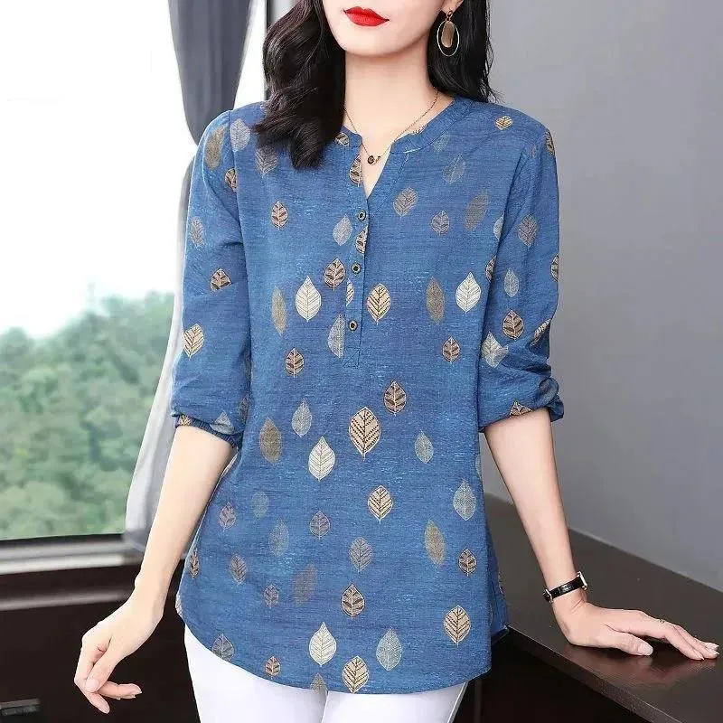 Casual Fashion Vintage Printed Summer Autumn V-Neck Long Sleeve Loose Women's Shirt.