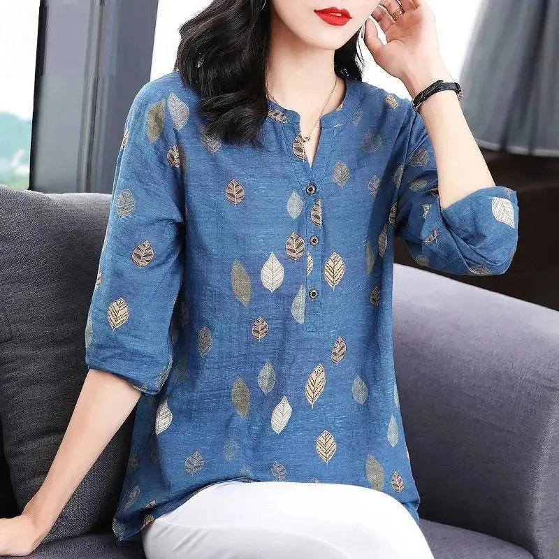 Casual Fashion Vintage Printed Summer Autumn V-Neck Long Sleeve Loose Women's Shirt.