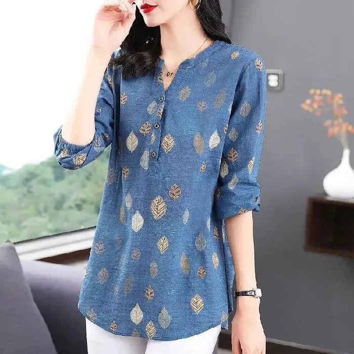 Casual Fashion Vintage Printed Summer Autumn V-Neck Long Sleeve Loose Women's Shirt.