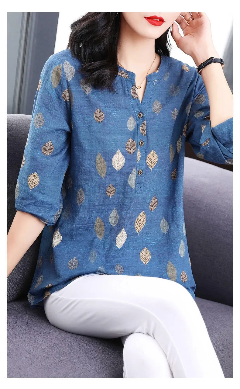 Casual Fashion Vintage Printed Summer Autumn V-Neck Long Sleeve Loose Women's Shirt.