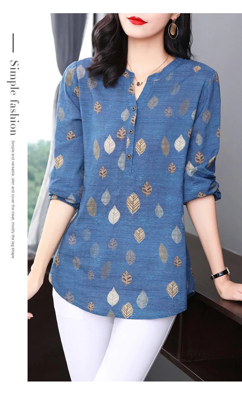 Casual Fashion Vintage Printed Summer Autumn V-Neck Long Sleeve Loose Women's Shirt.