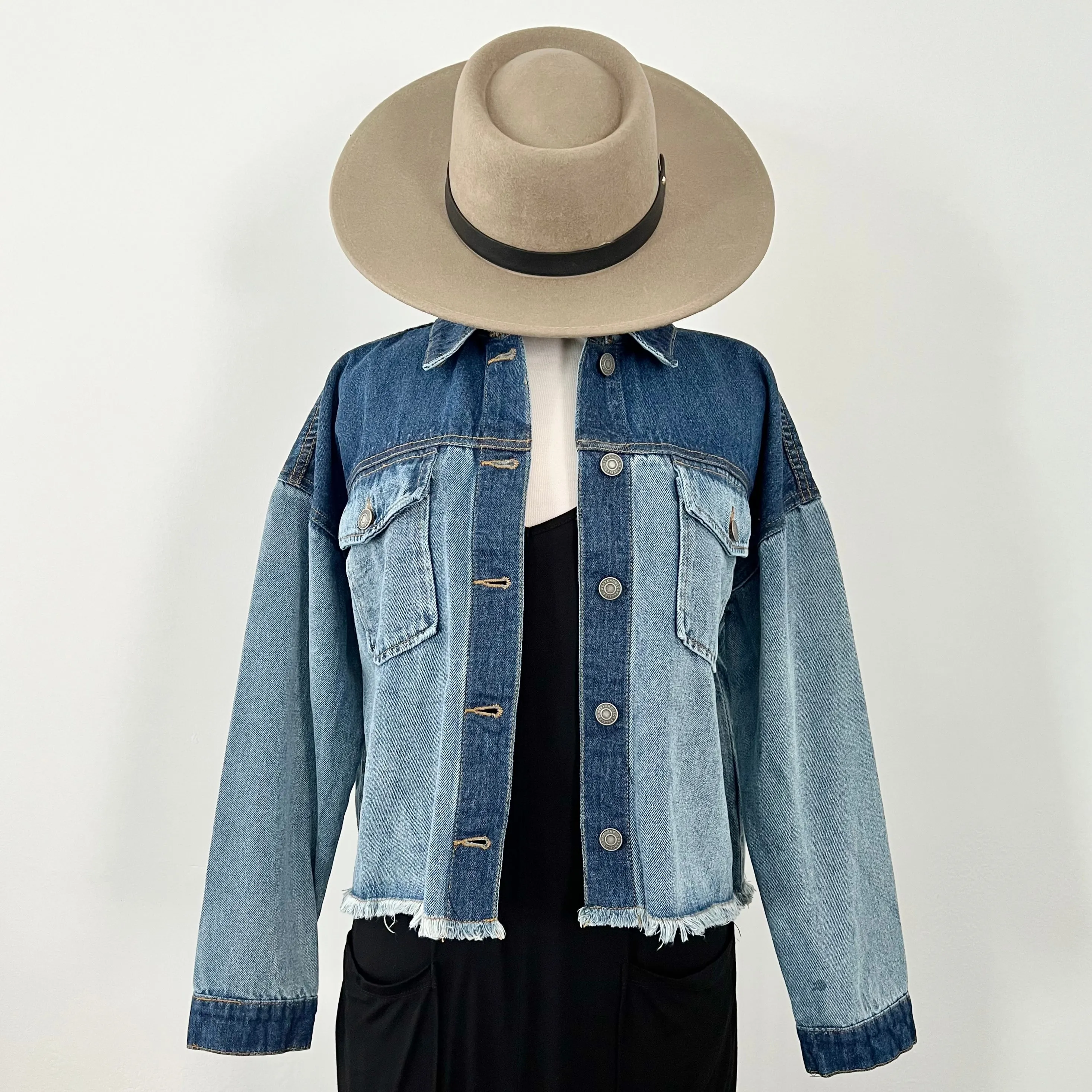 Colorblock Crop Denim Jacket - Blue