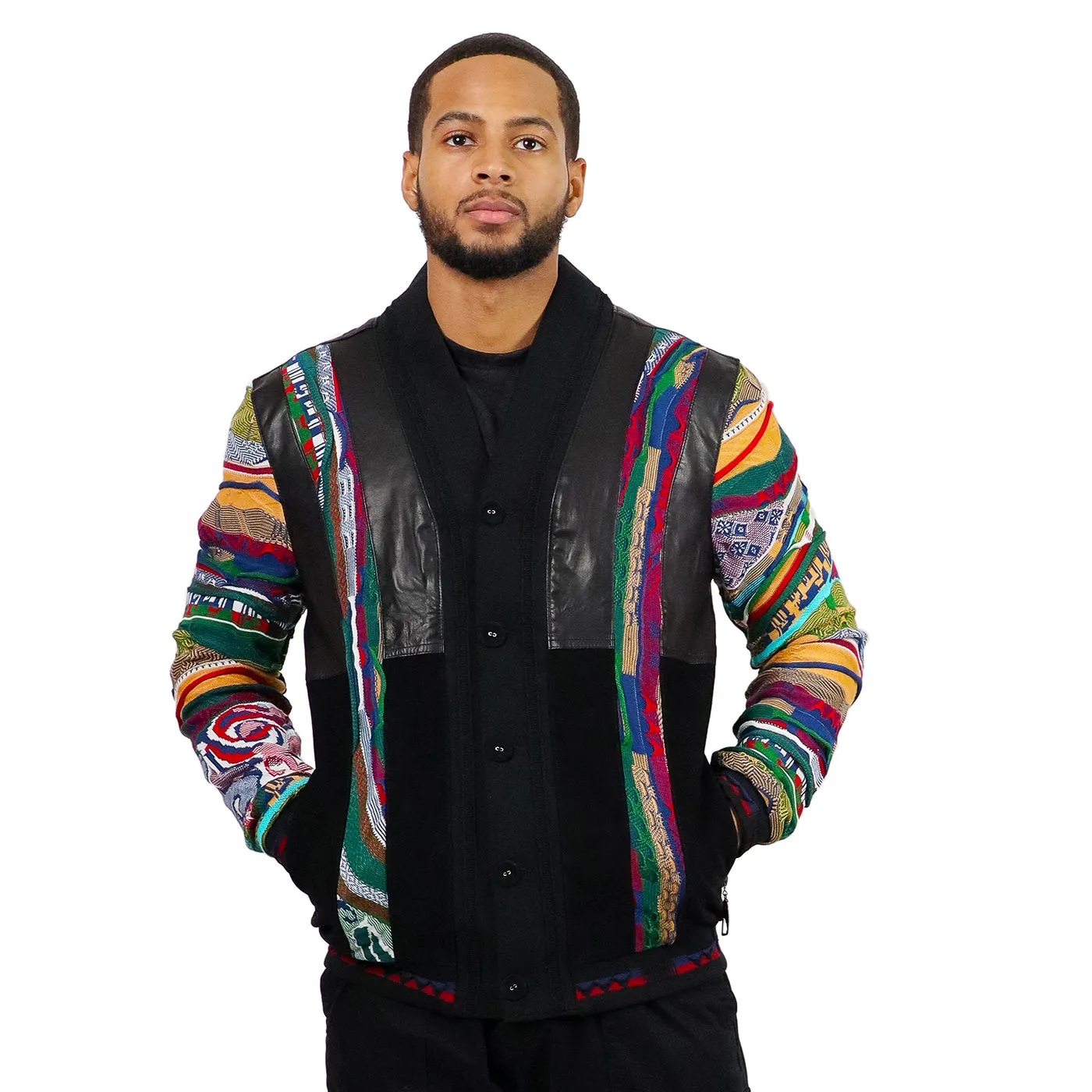 COOGI Leather, Suede and Sweater Pieced Cardigan - Black