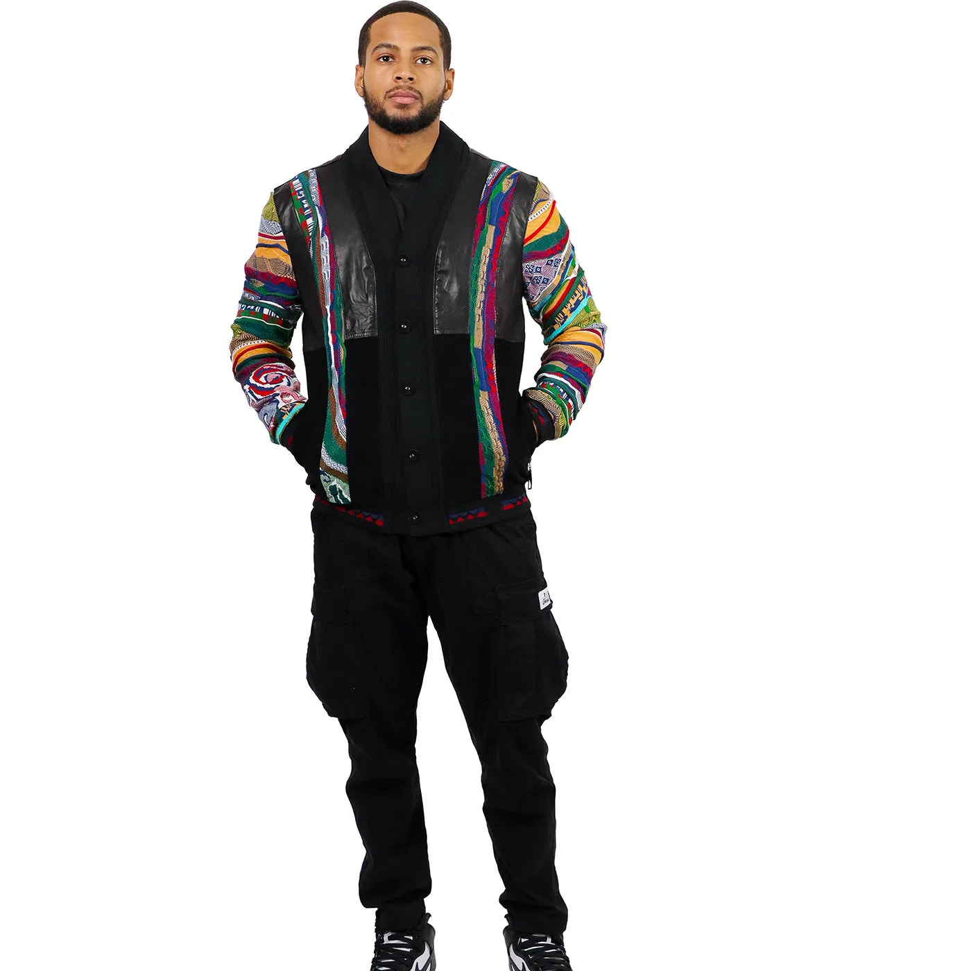 COOGI Leather, Suede and Sweater Pieced Cardigan - Black