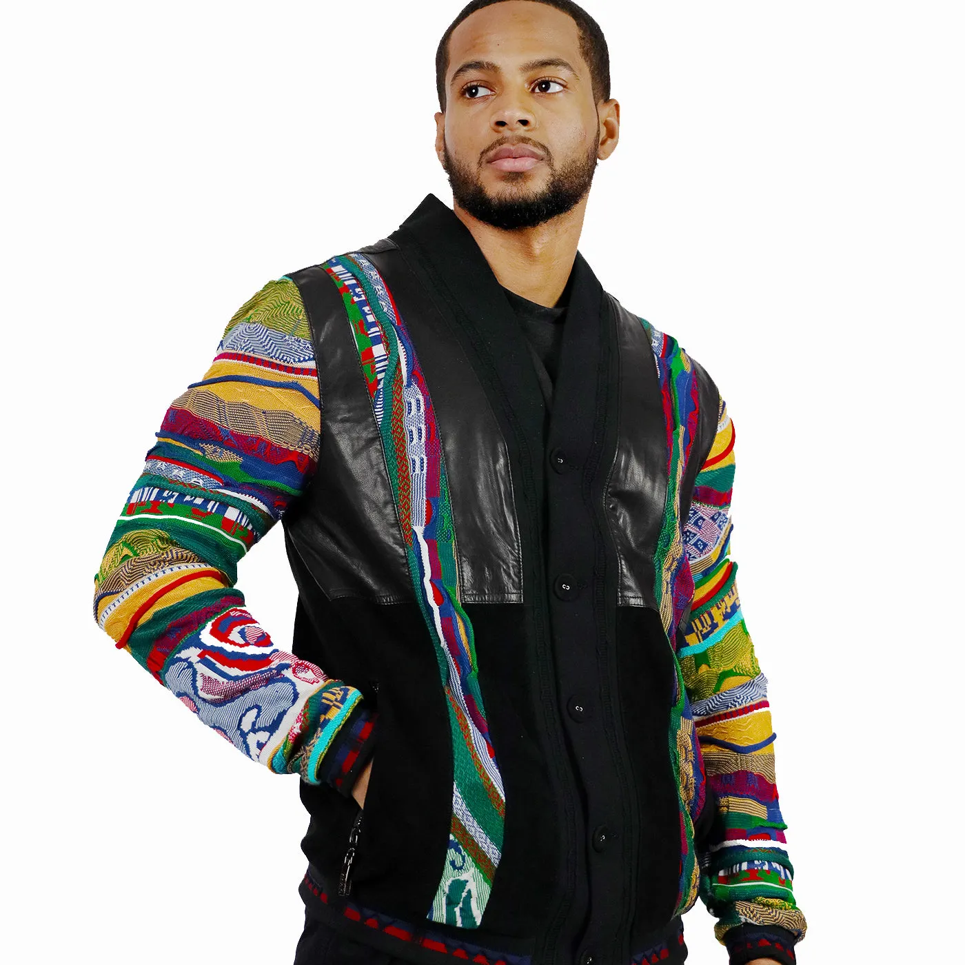 COOGI Leather, Suede and Sweater Pieced Cardigan - Black