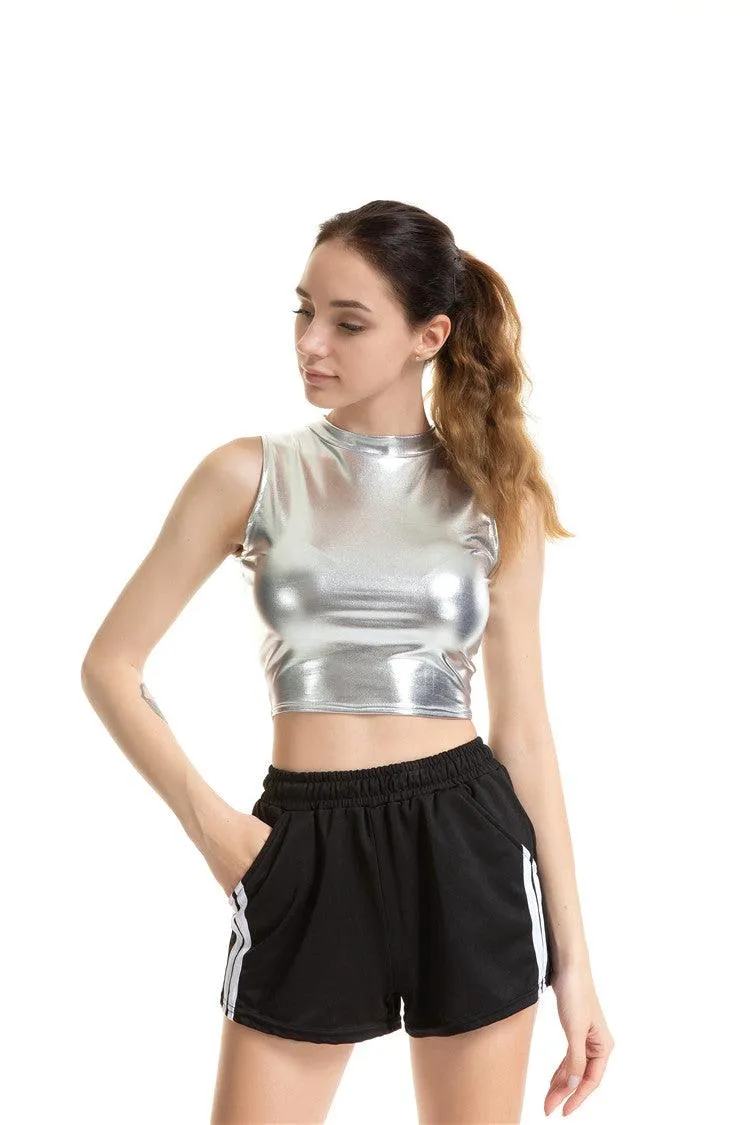 Crop Top Shiny Material Leather Sleeveless Vest