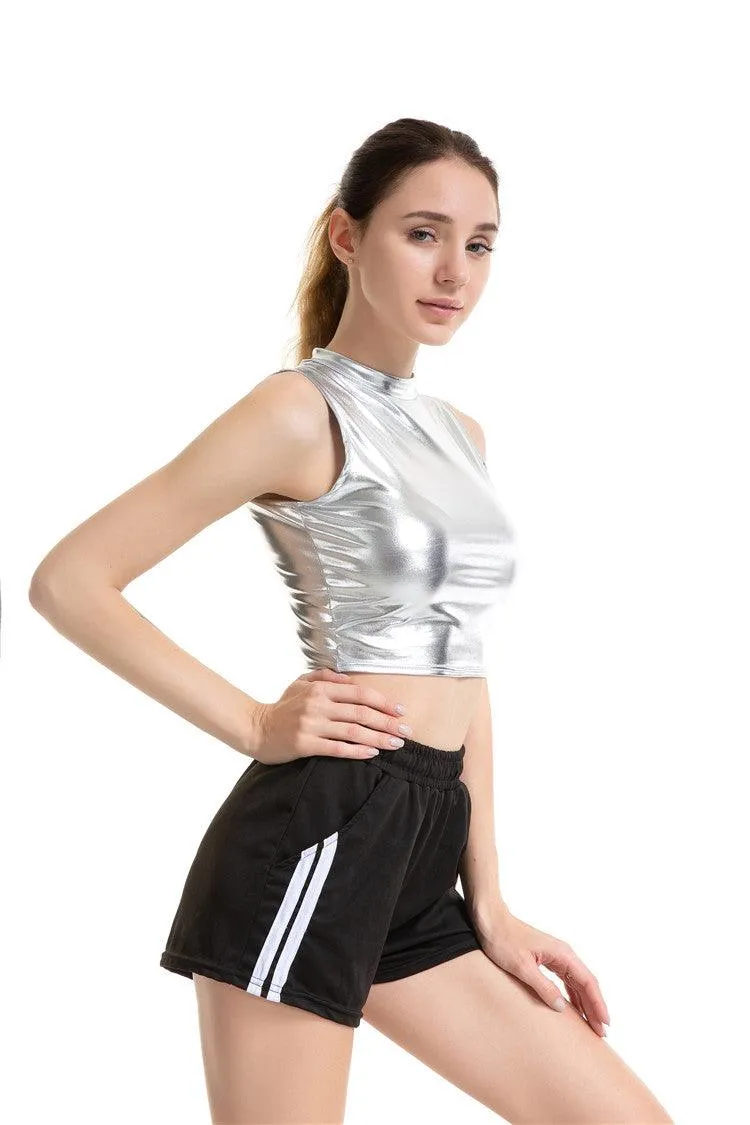 Crop Top Shiny Material Leather Sleeveless Vest