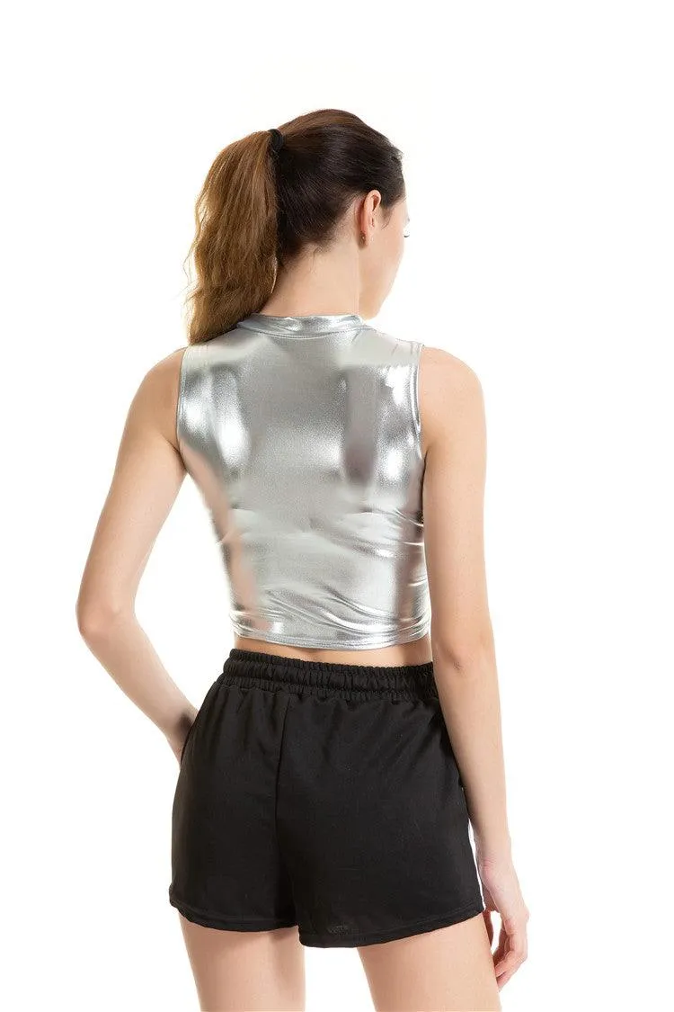 Crop Top Shiny Material Leather Sleeveless Vest