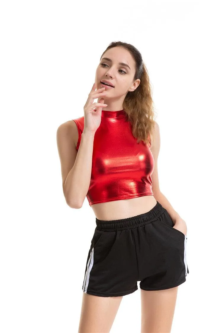 Crop Top Shiny Material Leather Sleeveless Vest