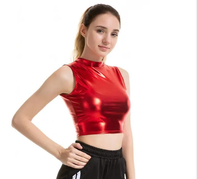 Crop Top Shiny Material Leather Sleeveless Vest