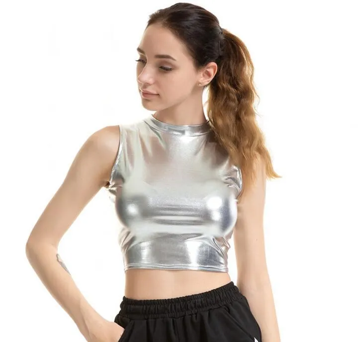 Crop Top Shiny Material Leather Sleeveless Vest