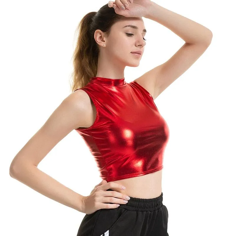 Crop Top Shiny Material Leather Sleeveless Vest