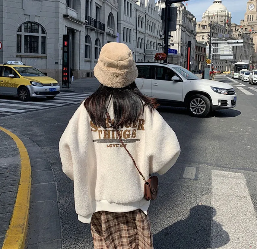 Cute Back Logo Shearling Jackets Womens Girls Korean Style Outerwear Winter Unique Warm Loose Fit Oversized Bomber