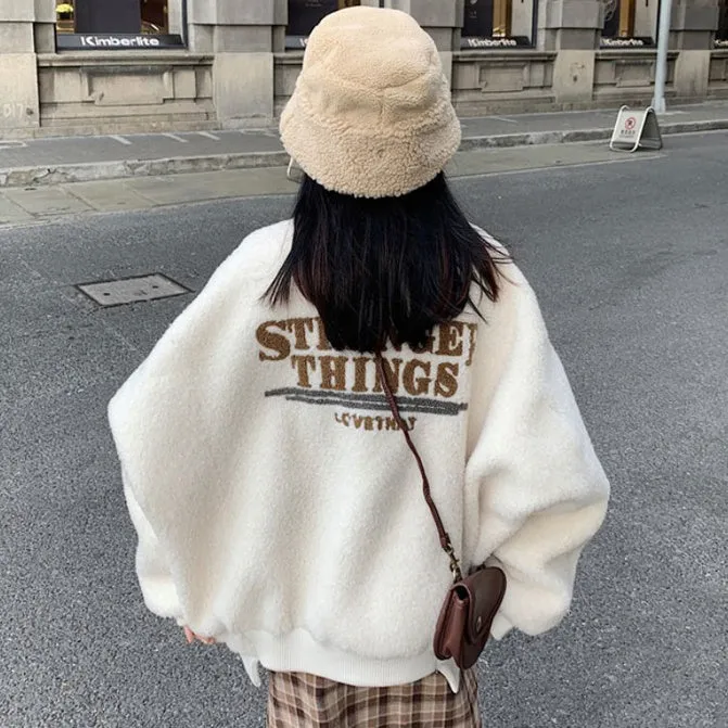 Cute Back Logo Shearling Jackets Womens Girls Korean Style Outerwear Winter Unique Warm Loose Fit Oversized Bomber