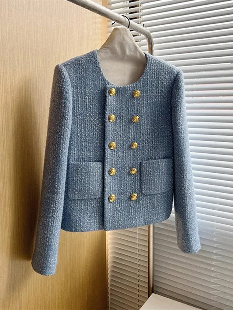 Double Breasted Women Cropped Tweed Jacket