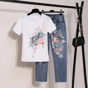 Embroidered Floral Jeans Outfit Set