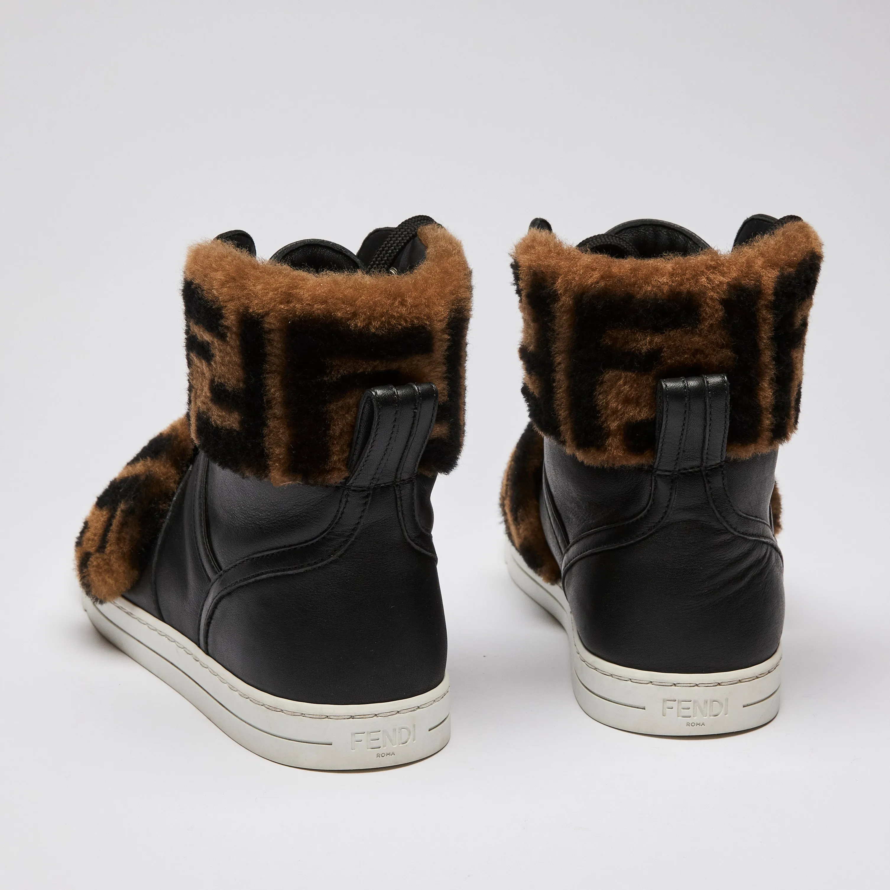 Fendi Zucca Monogram Fur Black Leather High Top Sneakers Size 36