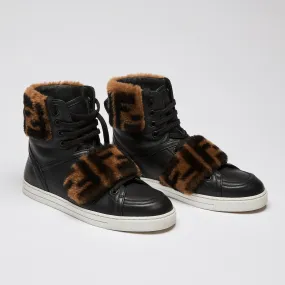 Fendi Zucca Monogram Fur Black Leather High Top Sneakers Size 36