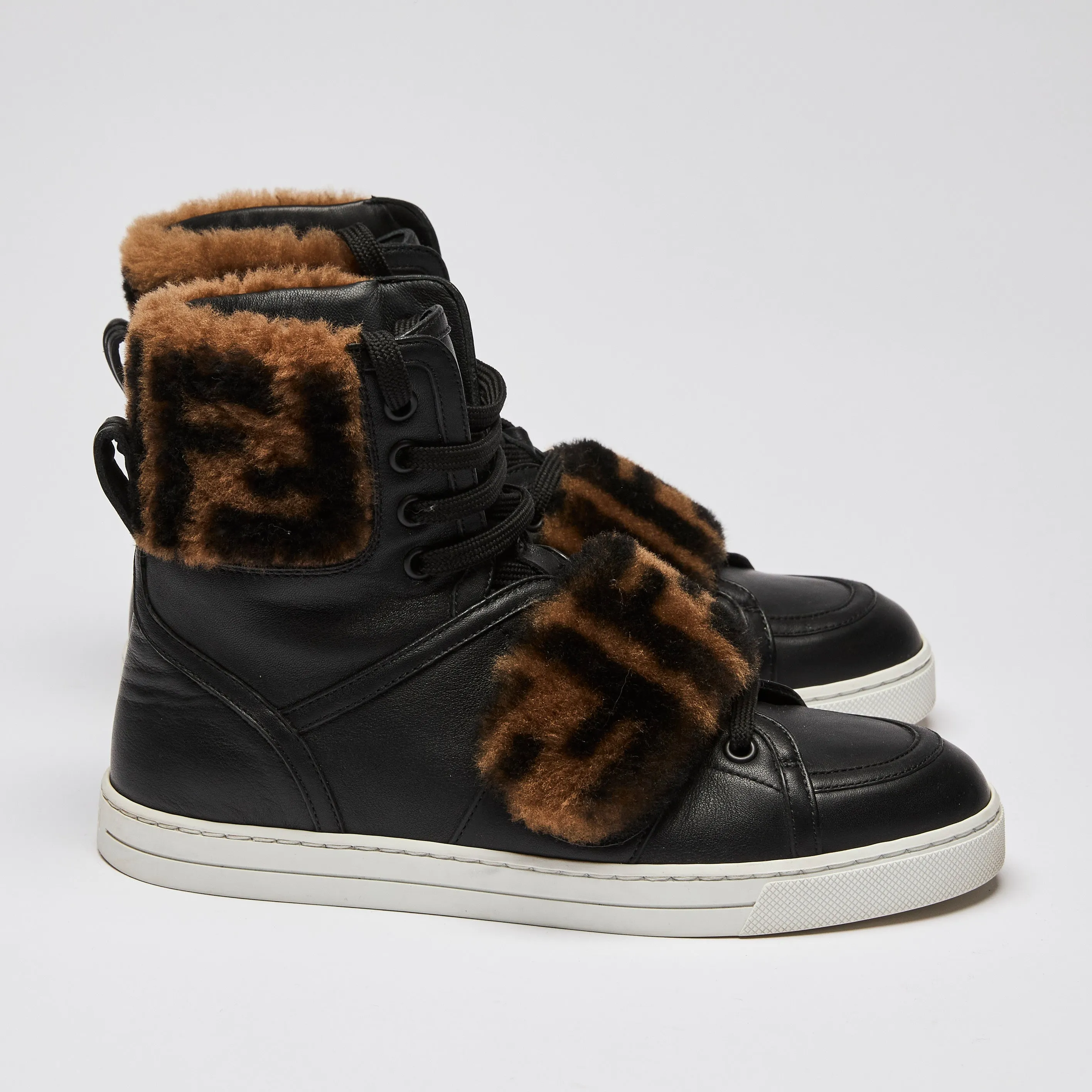 Fendi Zucca Monogram Fur Black Leather High Top Sneakers Size 36