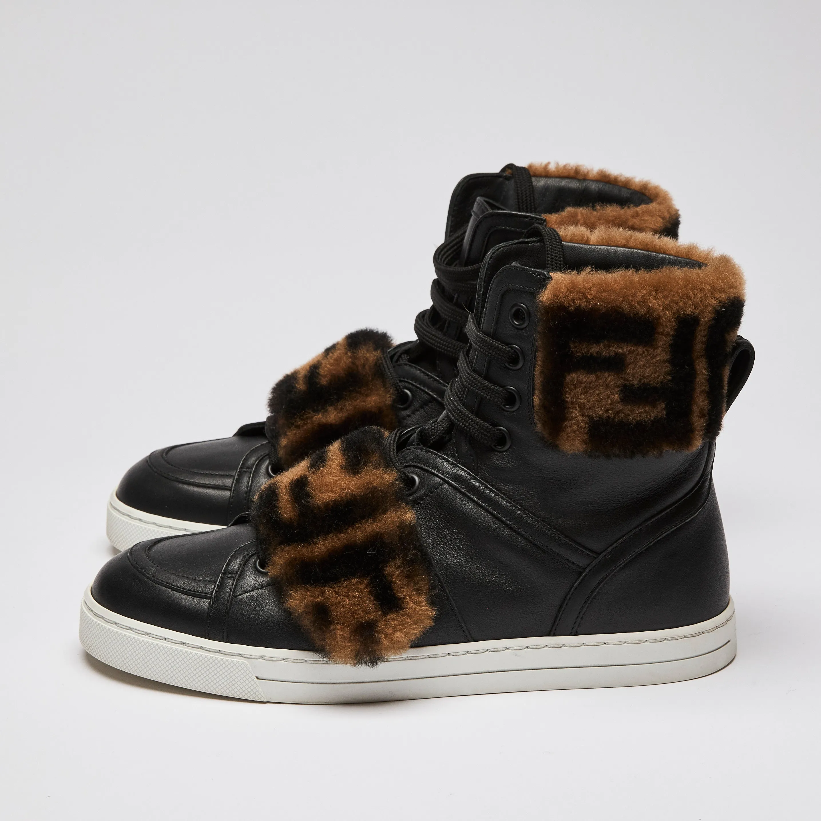 Fendi Zucca Monogram Fur Black Leather High Top Sneakers Size 36