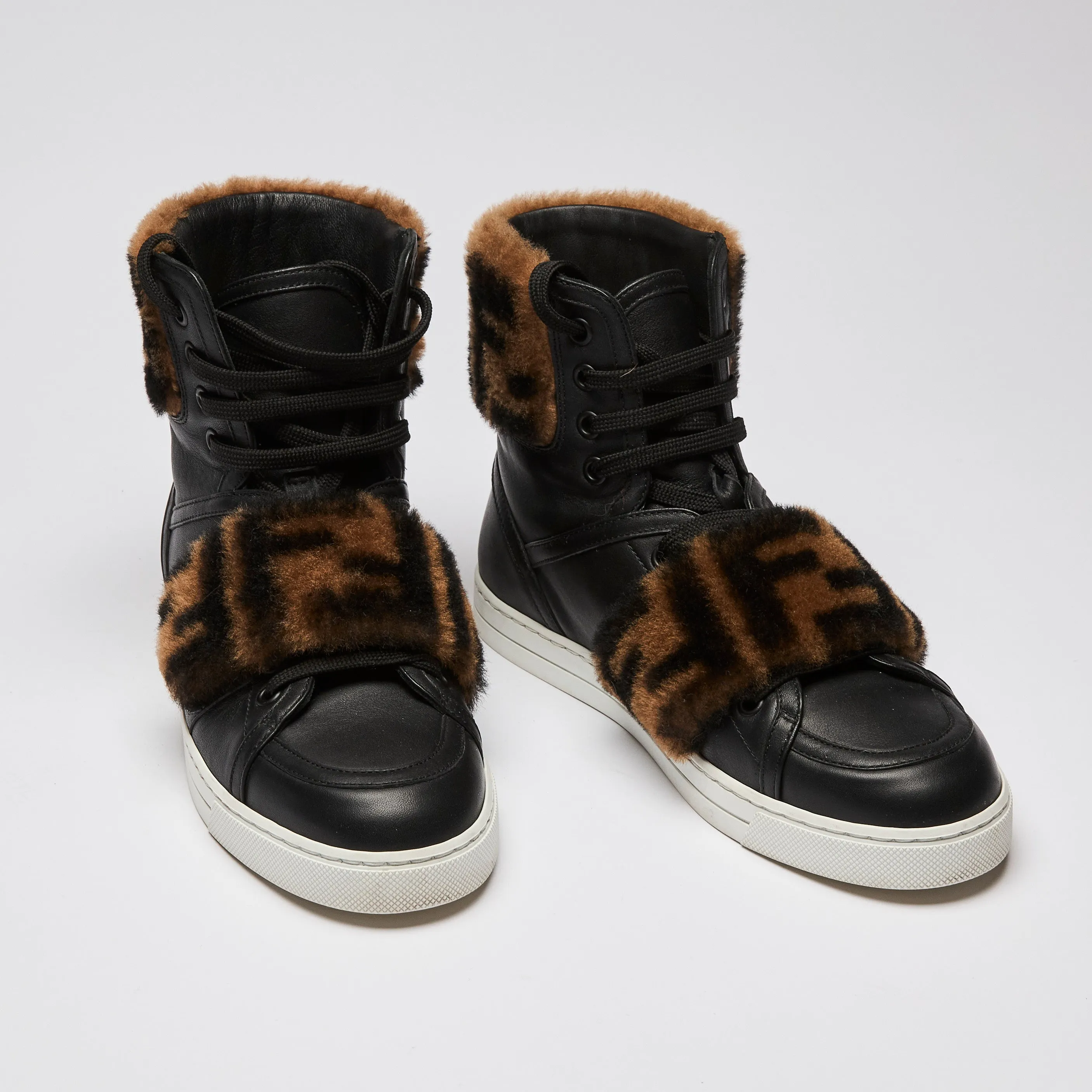 Fendi Zucca Monogram Fur Black Leather High Top Sneakers Size 36