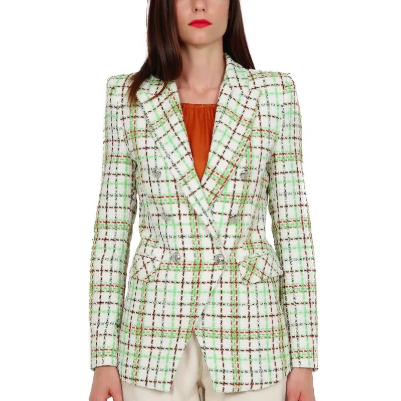 GIACCA BLAZER DOPPIOPETTO A QUADRI, BIANCO