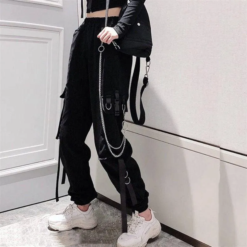 Gothic Buckle Ribbon Pocket Jogger Elastic Waist High