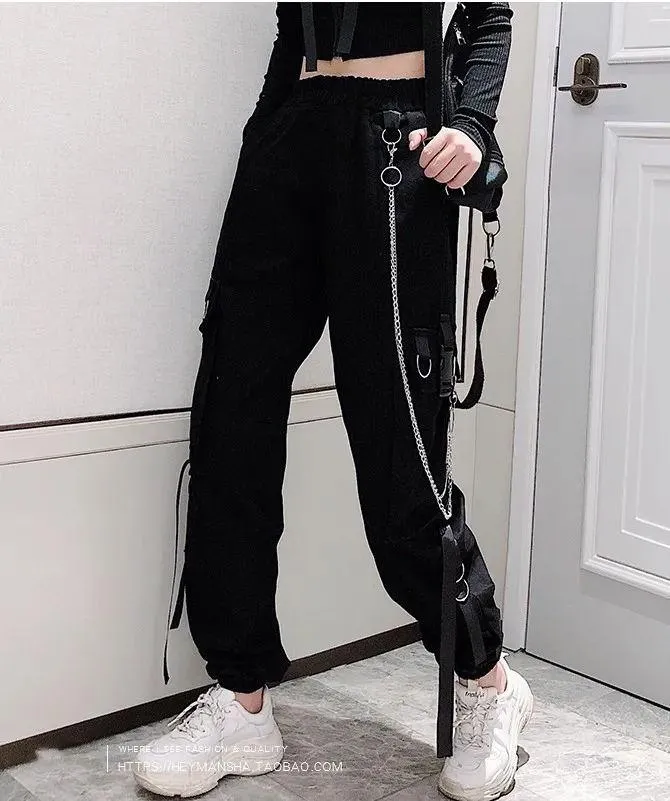 Gothic Buckle Ribbon Pocket Jogger Elastic Waist High