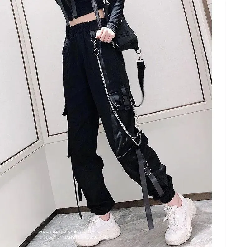 Gothic Buckle Ribbon Pocket Jogger Elastic Waist High