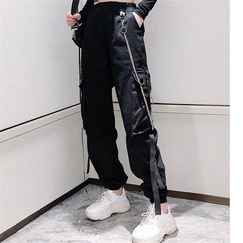 Gothic Buckle Ribbon Pocket Jogger Elastic Waist High