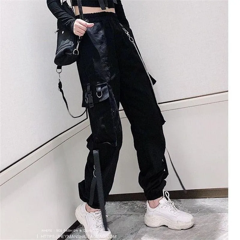 Gothic Buckle Ribbon Pocket Jogger Elastic Waist High