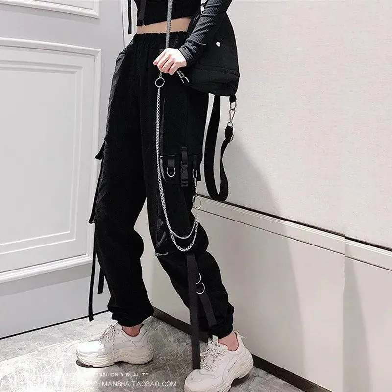 Gothic Buckle Ribbon Pocket Jogger Elastic Waist High