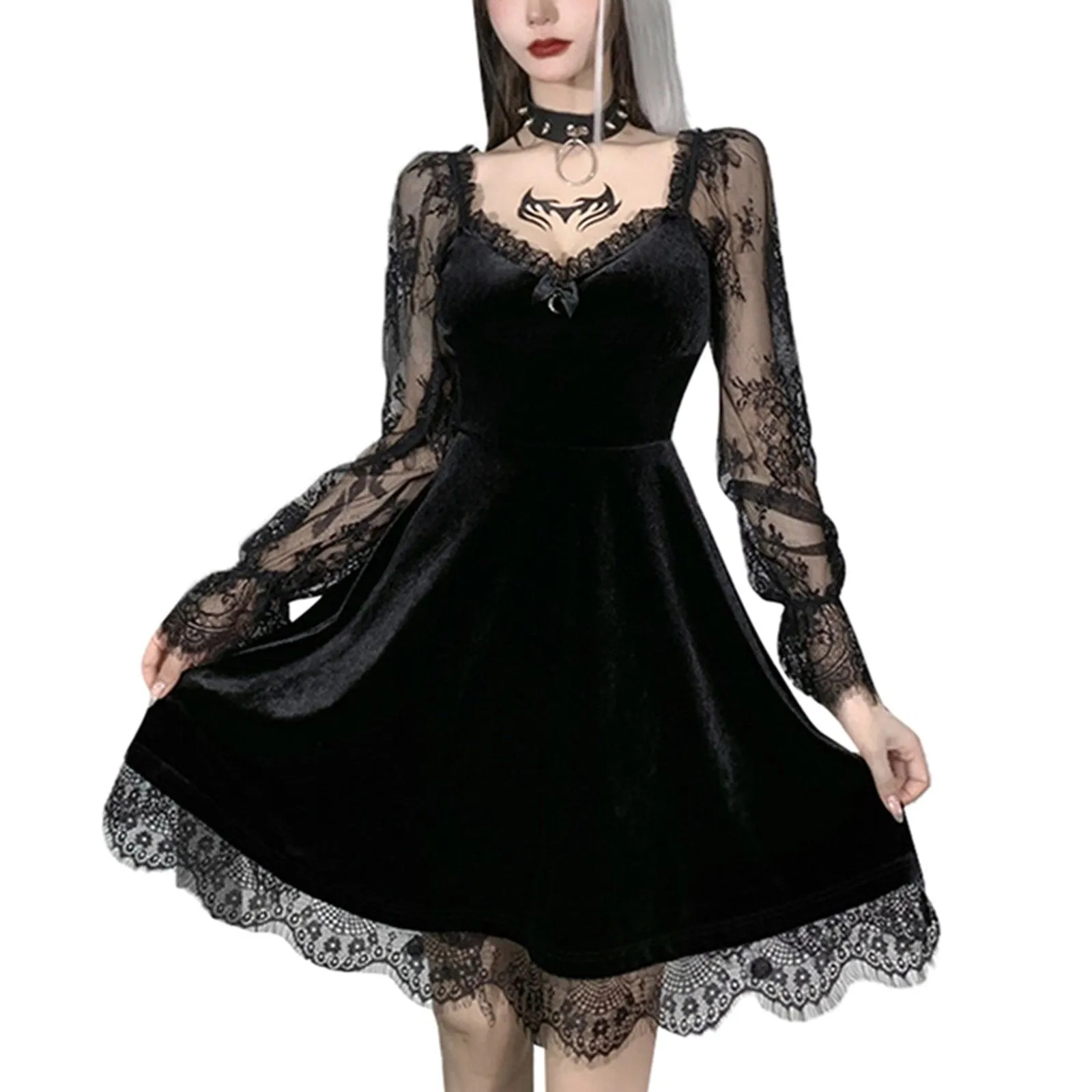 Gothic Mini Dress Lace Trim High Waist Bodycon