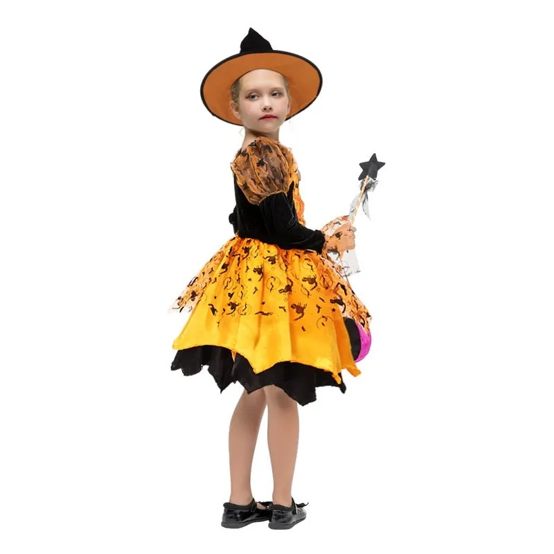 Halloween Witch Costume Children Kids Witch Girl Cosplay for Girls Carnival Party Mardi Gras Costumes Fancy Dress Yellow