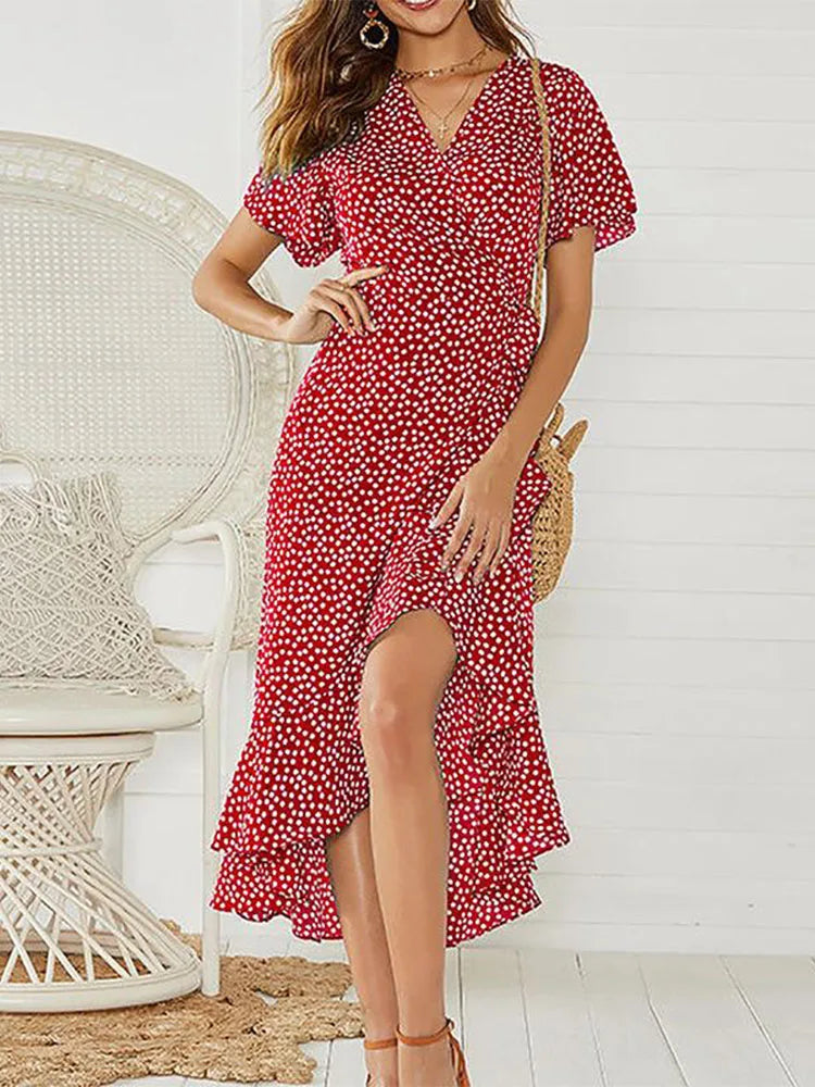 HiloRill Floral Print Boho Long Dress With Ruffles Wrap Casual V-Neck Split Maxi Dress