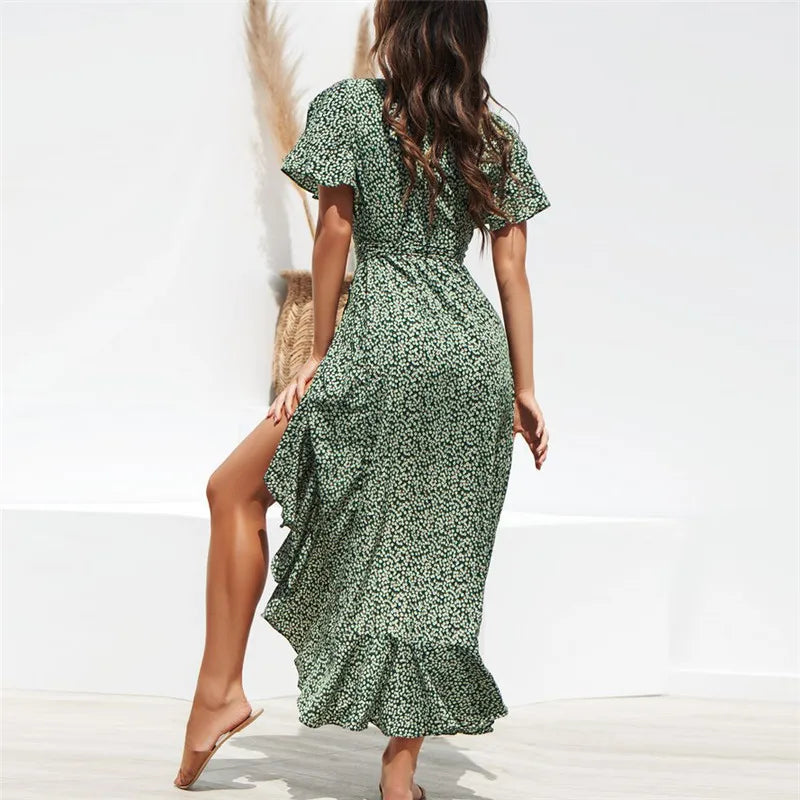 HiloRill Floral Print Boho Long Dress With Ruffles Wrap Casual V-Neck Split Maxi Dress