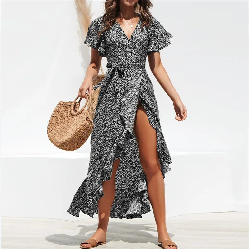 HiloRill Floral Print Boho Long Dress With Ruffles Wrap Casual V-Neck Split Maxi Dress