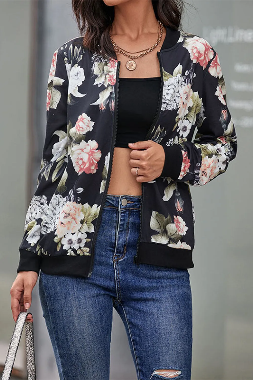 Hydrangea Floral Zip Up Bomber Jacket