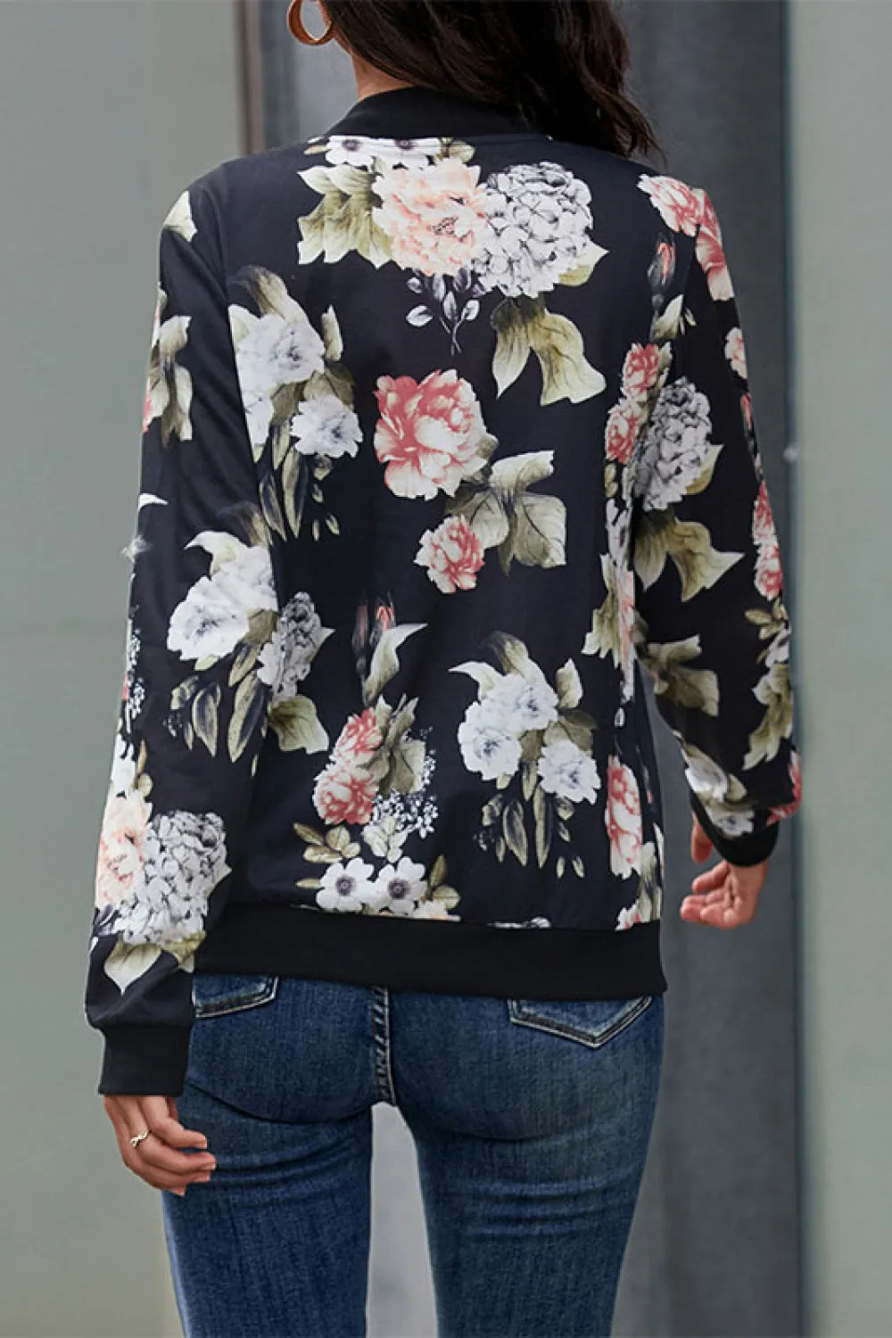 Hydrangea Floral Zip Up Bomber Jacket