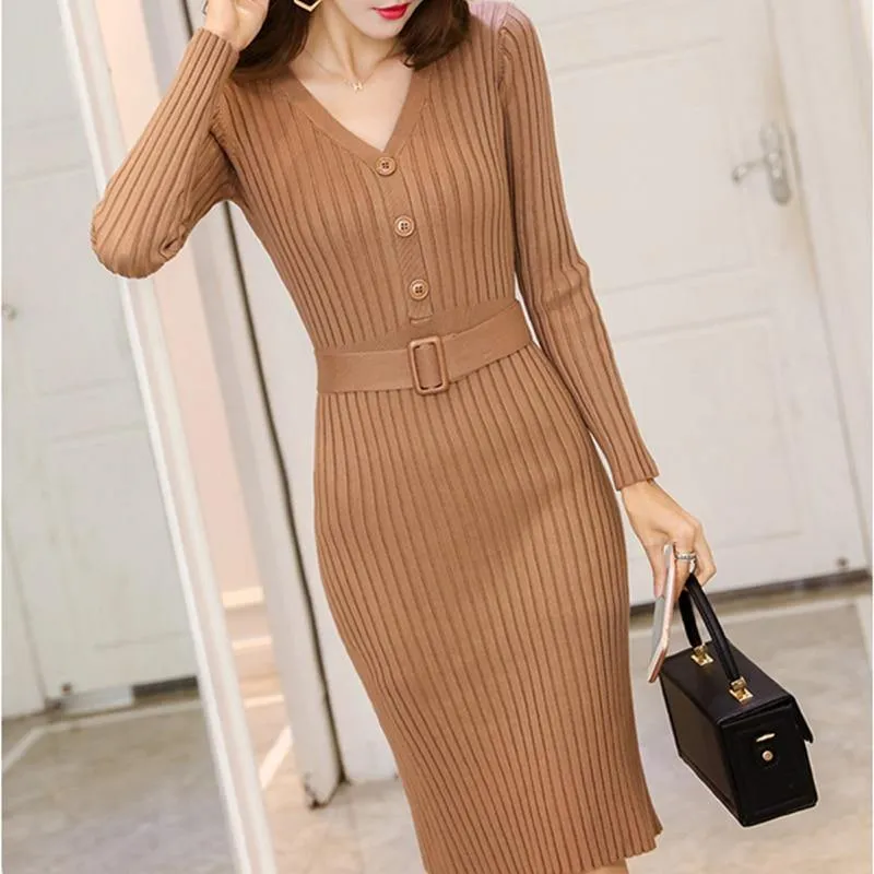 Knitted Belt Long Sleeve Slim Bodycon Dress With V-Neck