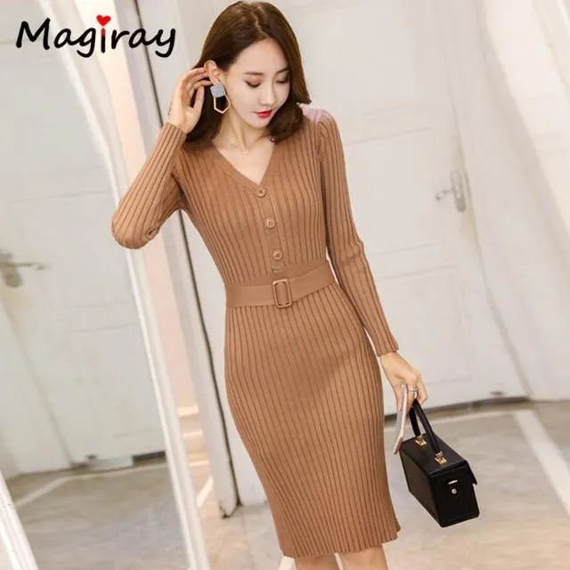 Knitted Belt Long Sleeve Slim Bodycon Dress With V-Neck