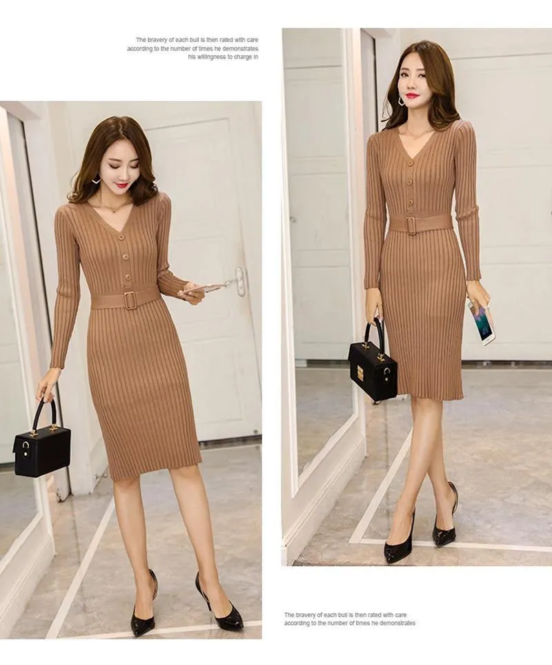 Knitted Belt Long Sleeve Slim Bodycon Dress With V-Neck