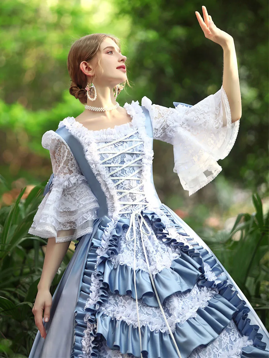 Light Sky Blue  Retro Tudor Dress Costumes  Women's Ruffles Polyester Marie Antoinette Costume Dress Euro-Style Vintage Clothing