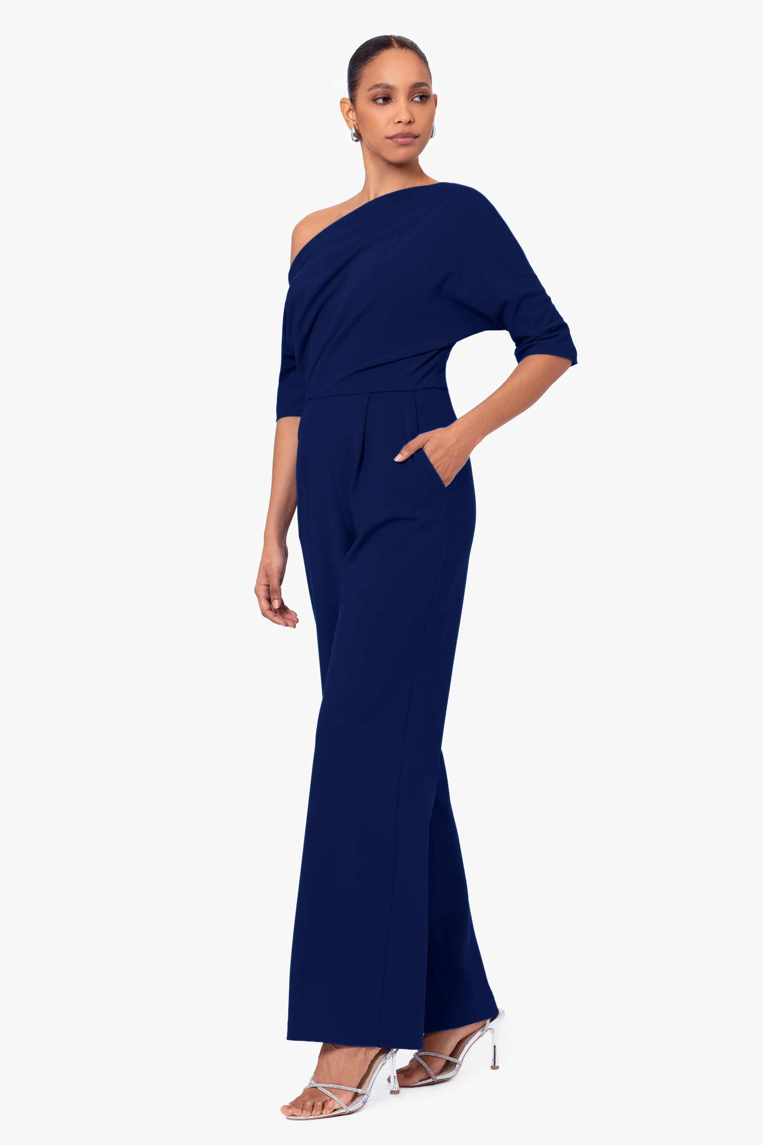 Luisa Long Scuba Crepe Off the Shoulder Jumpsuit